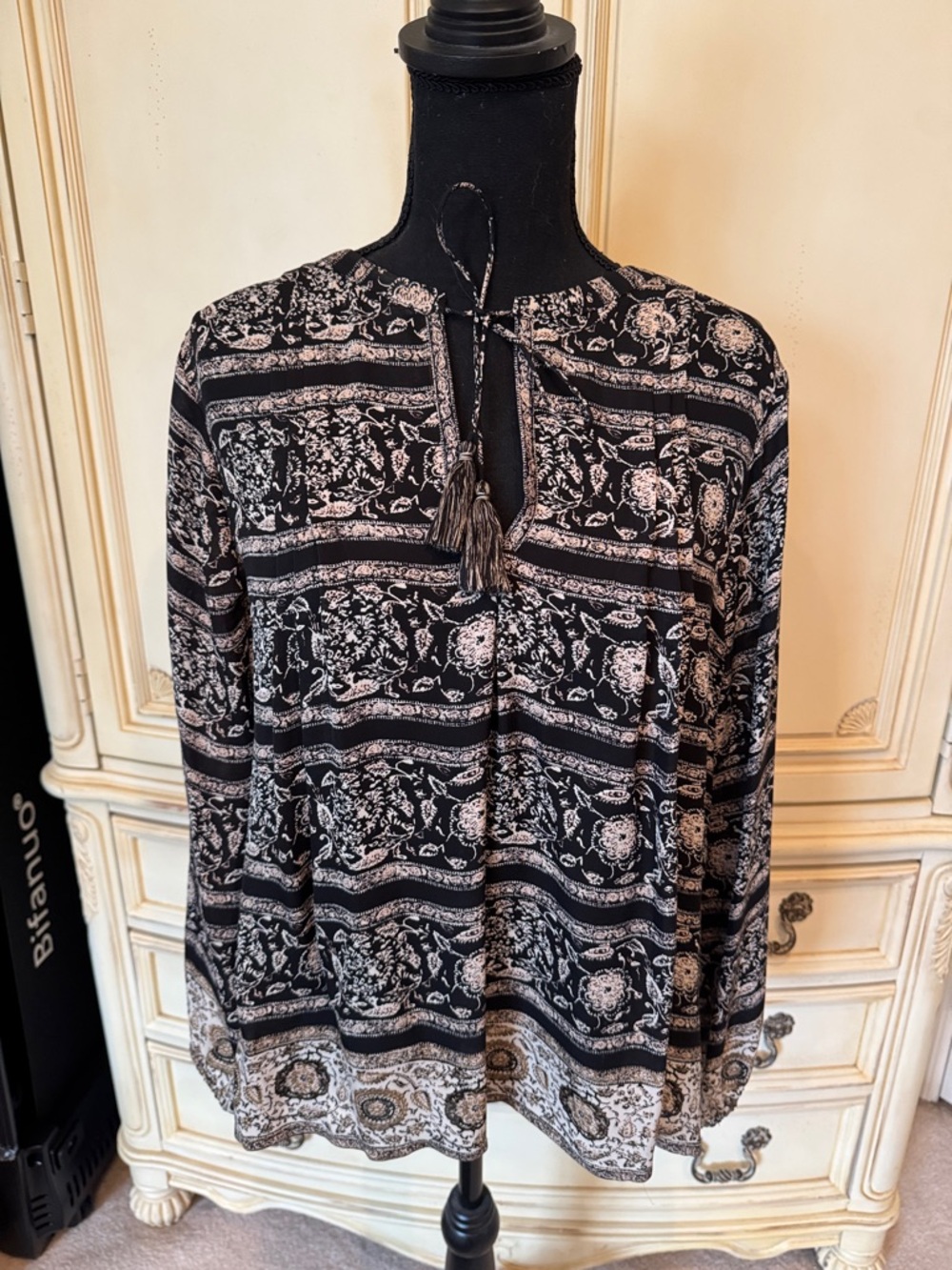 Joie Black and Cream Tassel Tie-Neck Floral Print Blouse